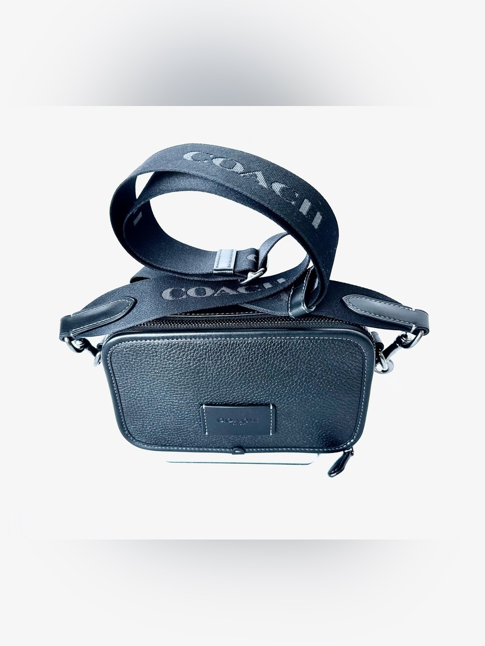 Coach Black Pebbled Leather Camera Bag with Branded Strap